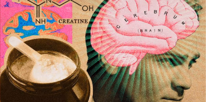 Illustration of a brain with chemical formulas and a container of creatine powder in the foreground, with the headline “Yes, creatine can counteract stress and lost sleep” and source label “NTD.”